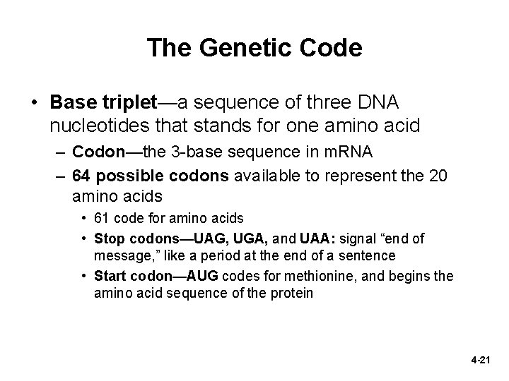The Genetic Code • Base triplet—a sequence of three DNA nucleotides that stands for