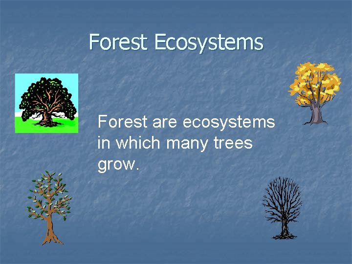 Forest Ecosystems Forest are ecosystems in which many trees grow. Forest Ecosystems Forest are ecosystems in which many trees grow.