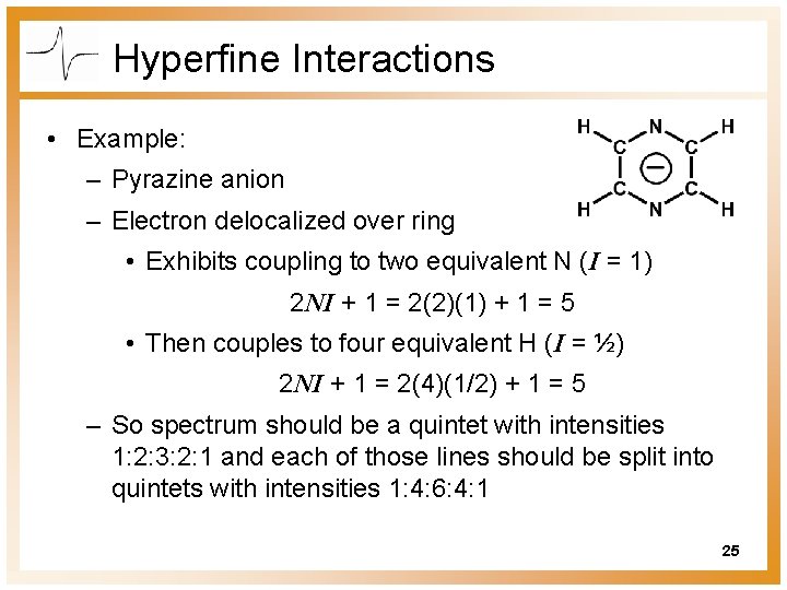 Hyperfine Interactions • Example: – Pyrazine anion – Electron delocalized over ring • Exhibits