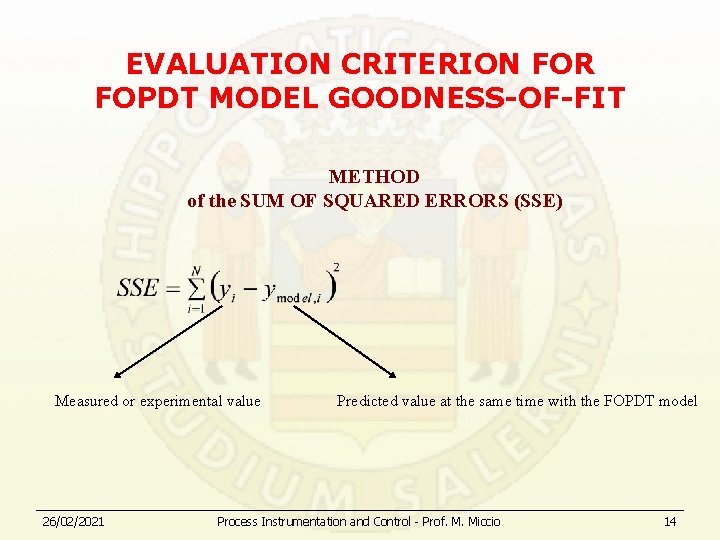EVALUATION CRITERION FOR FOPDT MODEL GOODNESS-OF-FIT METHOD of the SUM OF SQUARED ERRORS (SSE)