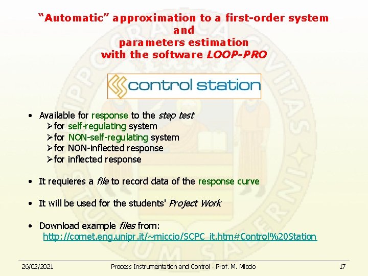 “Automatic” approximation to a first-order system and parameters estimation with the software LOOP-PRO •