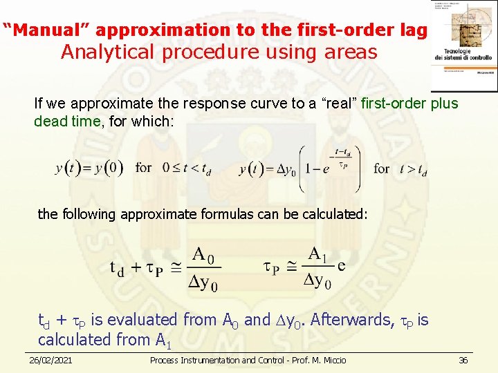 “Manual” approximation to the first-order lag Analytical procedure using areas If we approximate the