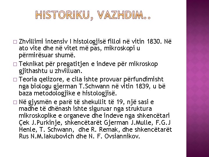 Zhvillimi intensiv I histologjisë filloi në vitin 1830. Në ato vite dhe në vitet