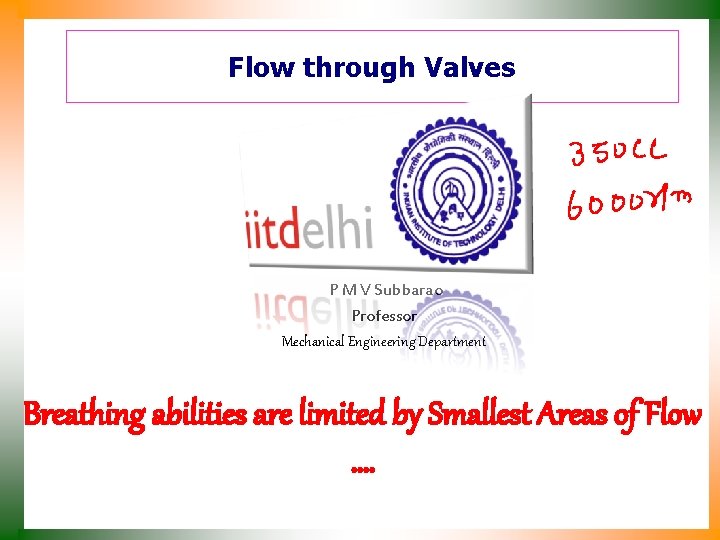 Flow through Valves P M V Subbarao Professor Mechanical Engineering Department Breathing abilities are