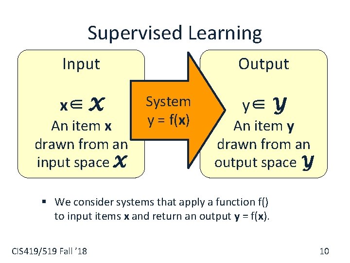 Supervised Learning Input x∈ X An item x drawn from an input space X