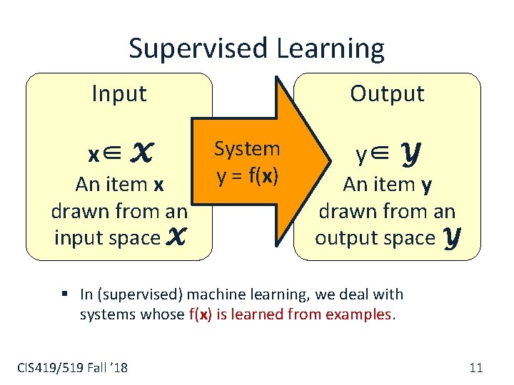 Supervised Learning Input x∈ X An item x drawn from an input space X