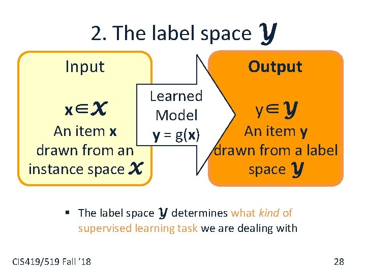 2. The label space Y Input x∈X An item x drawn from an instance