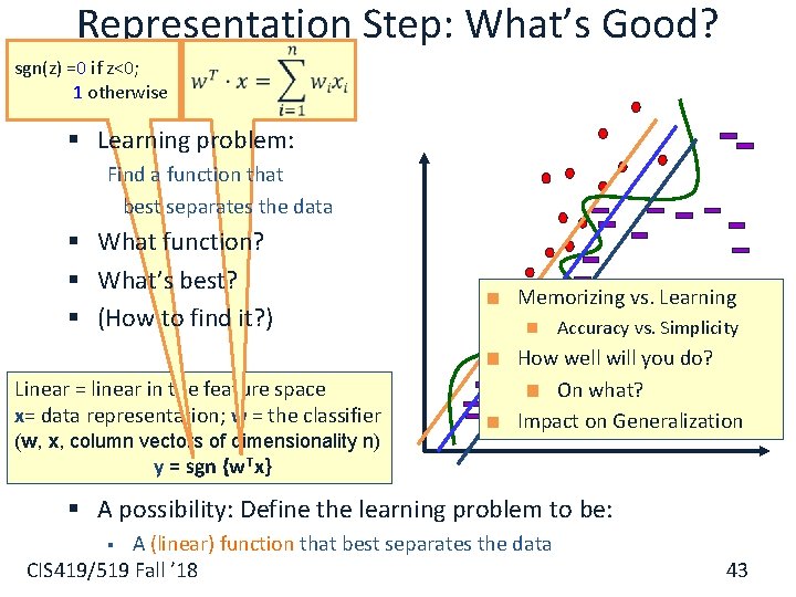 Representation Step: What’s Good? sgn(z) =0 if z<0; 1 otherwise § Learning problem: Find