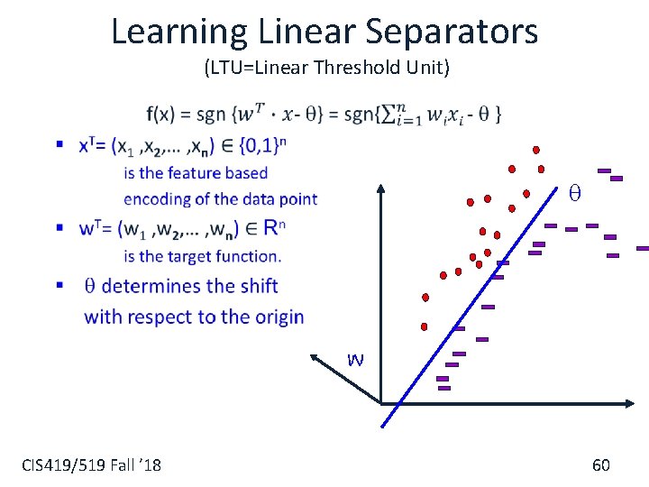 Learning Linear Separators (LTU=Linear Threshold Unit) § w CIS 419/519 Fall ’ 18 60