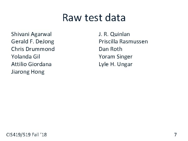 Raw test data Shivani Agarwal Gerald F. De. Jong Chris Drummond Yolanda Gil Attilio