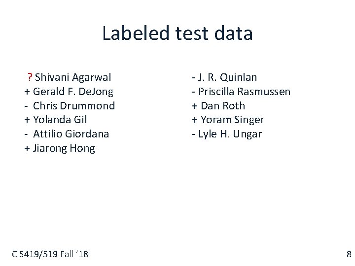 Labeled test data ? Shivani Agarwal + Gerald F. De. Jong - Chris Drummond