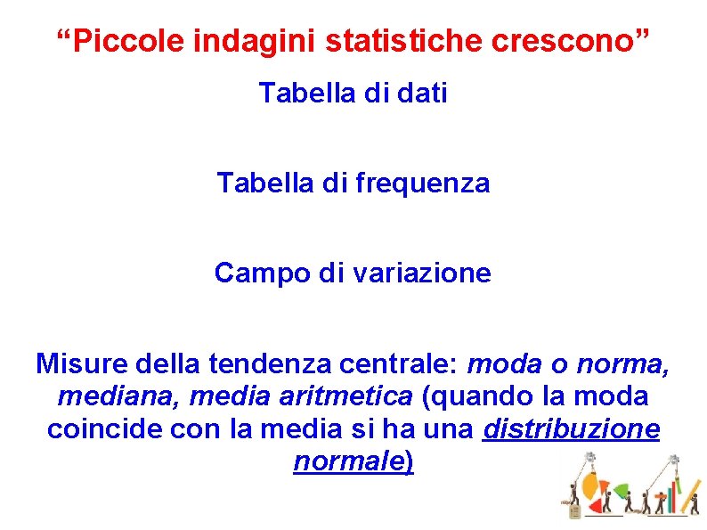 “Piccole indagini statistiche crescono” Tabella di dati Tabella di frequenza Campo di variazione Misure