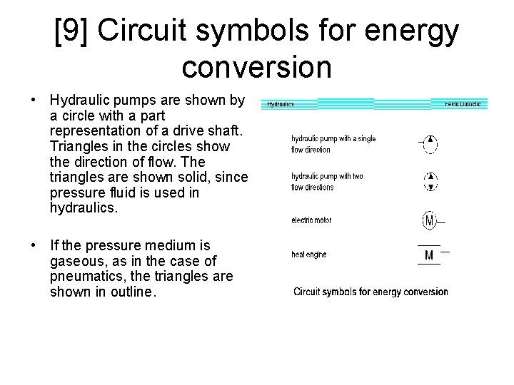 [9] Circuit symbols for energy conversion • Hydraulic pumps are shown by a circle