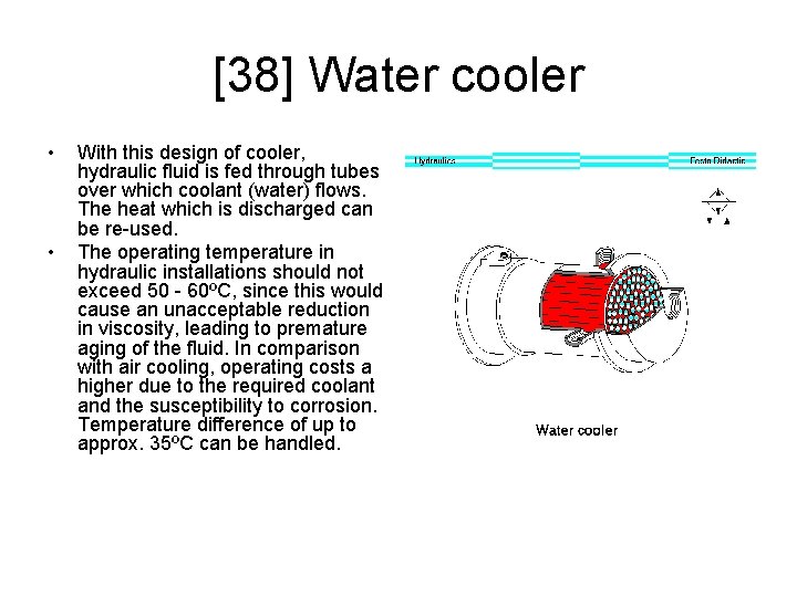 [38] Water cooler • • With this design of cooler, hydraulic fluid is fed