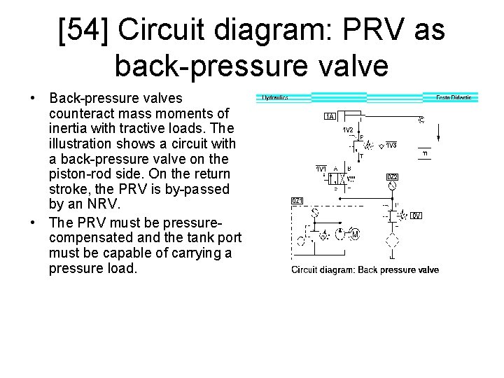 [54] Circuit diagram: PRV as back-pressure valve • Back-pressure valves counteract mass moments of