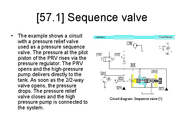 [57. 1] Sequence valve • The example shows a circuit with a pressure relief