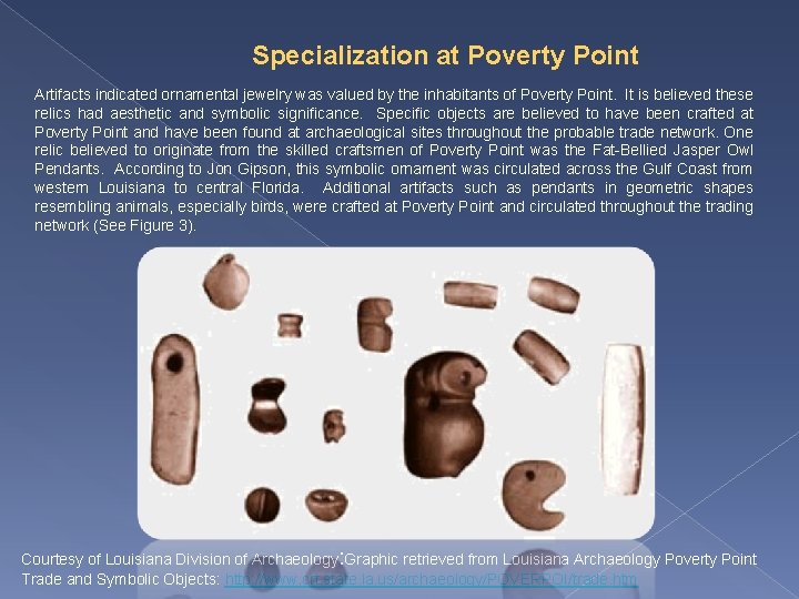 Specialization at Poverty Point Artifacts indicated ornamental jewelry was valued by the inhabitants of