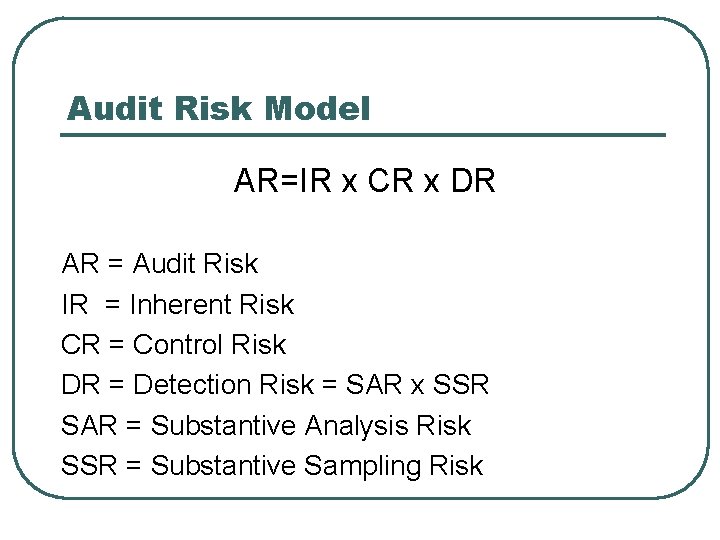 Audit Risk Model AR=IR x CR x DR AR = Audit Risk IR =