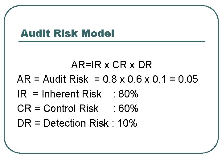 Audit Risk Model AR=IR x CR x DR AR = Audit Risk = 0.