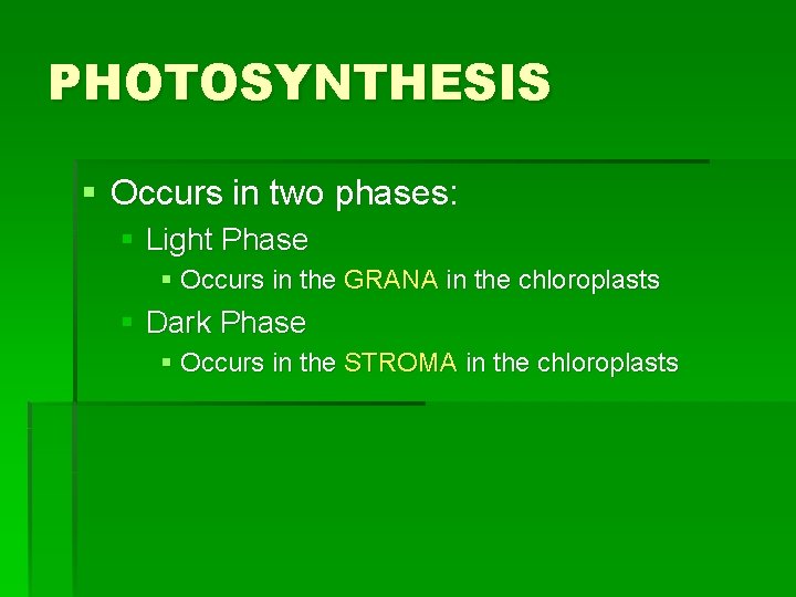 PHOTOSYNTHESIS § Occurs in two phases: § Light Phase § Occurs in the GRANA