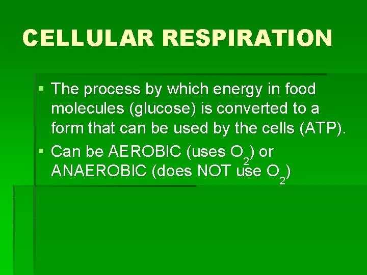 CELLULAR RESPIRATION § The process by which energy in food molecules (glucose) is converted