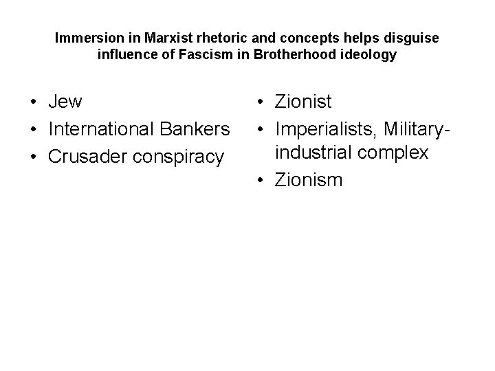 Immersion in Marxist rhetoric and concepts helps disguise influence of Fascism in Brotherhood ideology