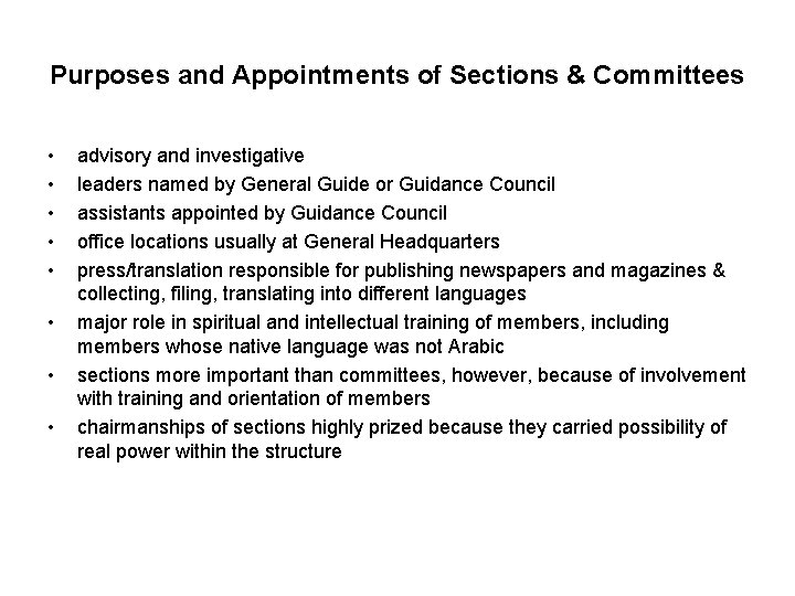 Purposes and Appointments of Sections & Committees • • advisory and investigative leaders named