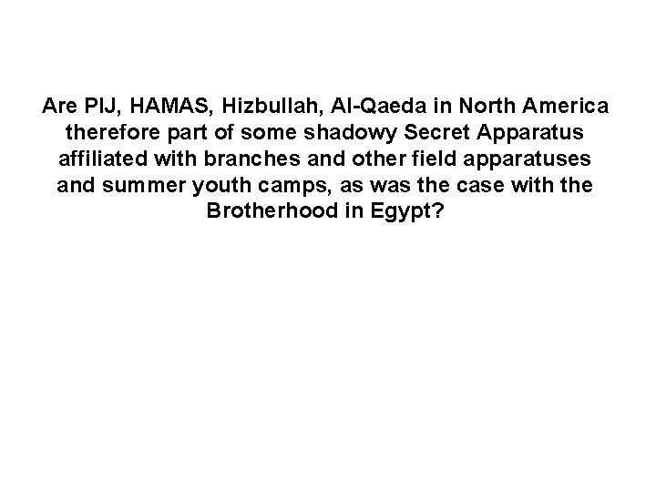 Are PIJ, HAMAS, Hizbullah, Al-Qaeda in North America therefore part of some shadowy Secret