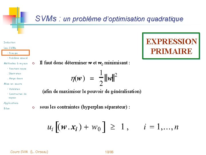 SVMs : un problème d’optimisation quadratique EXPRESSION PRIMAIRE Induction Les SVMs • Principe •