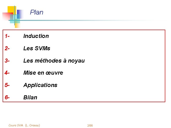 Plan 1 - Induction Les SVMs • Principe 2 - • Problème associé Méthodes