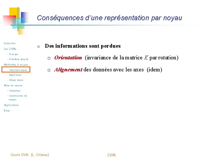 Conséquences d’une représentation par noyau Induction Les SVMs m Des informations sont perdues •