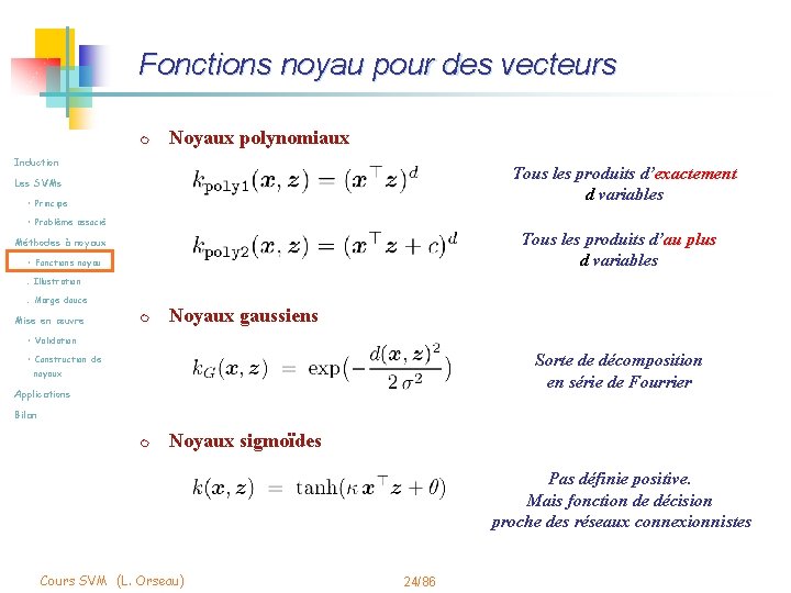 Fonctions noyau pour des vecteurs m Noyaux polynomiaux Induction Tous les produits d’exactement d