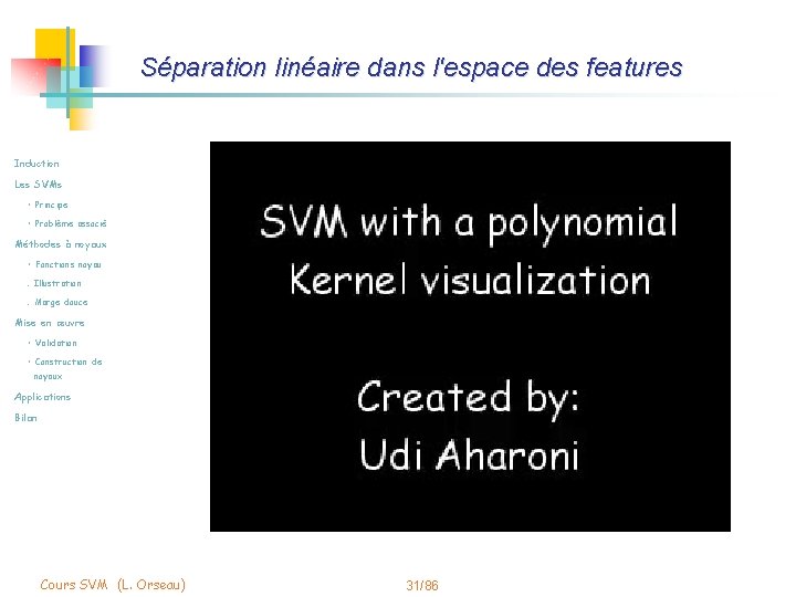 Séparation linéaire dans l'espace des features Induction Les SVMs • Principe • Problème associé