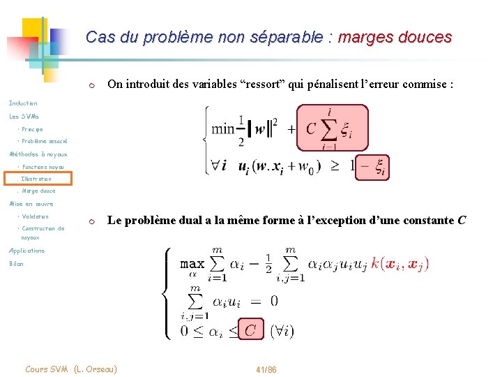 Cas du problème non séparable : marges douces m On introduit des variables “ressort”