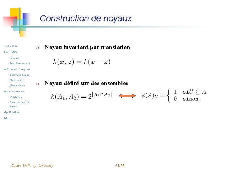 Construction de noyaux Induction m Noyau invariant par translation m Noyau défini sur des