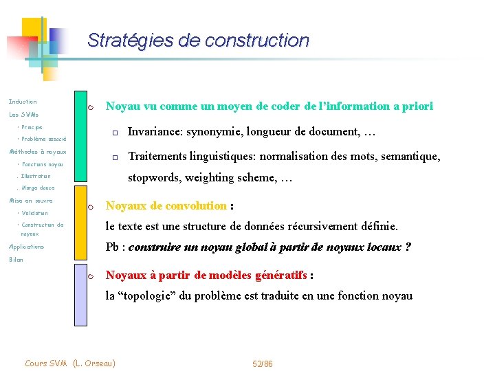 Stratégies de construction Induction Les SVMs m • Principe • Problème associé Méthodes à