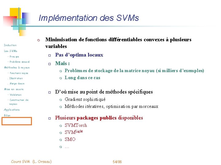 Implémentation des SVMs m Induction Les SVMs • Principe • Problème associé Méthodes à