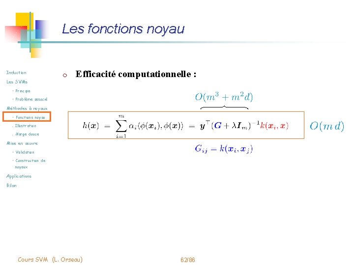 Les fonctions noyau Induction Les SVMs m Efficacité computationnelle : • Principe • Problème