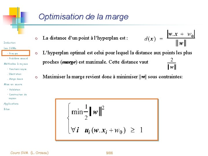 Optimisation de la marge m La distance d’un point à l’hyperplan est : m