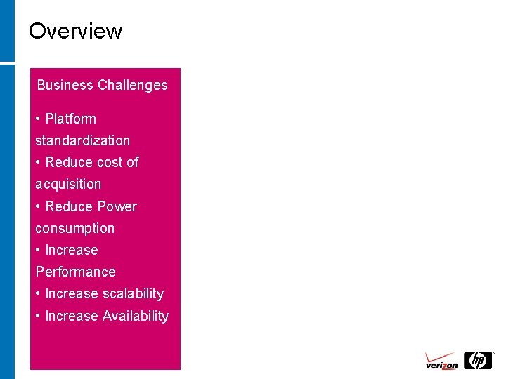 Overview Business Challenges • Platform standardization • Reduce cost of acquisition • Reduce Power