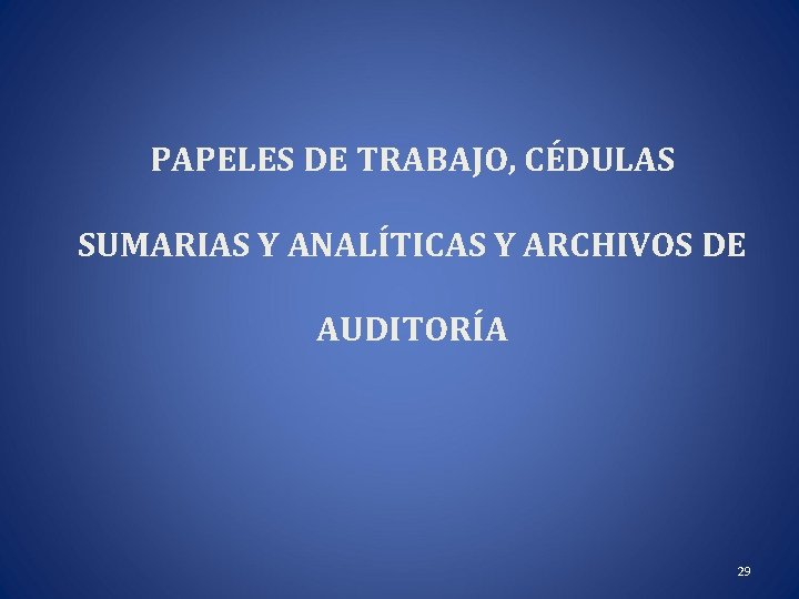 PAPELES DE TRABAJO, CÉDULAS SUMARIAS Y ANALÍTICAS Y ARCHIVOS DE AUDITORÍA 29 