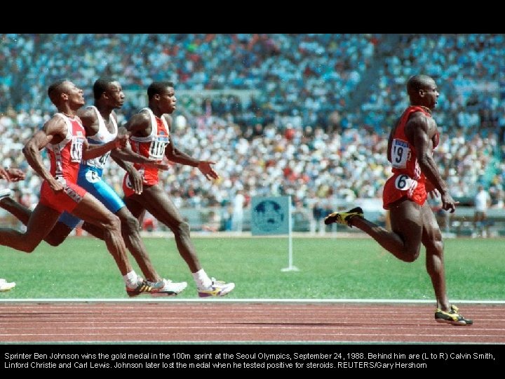 Sprinter Ben Johnson wins the gold medal in the 100 m sprint at the