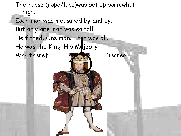 The noose (rope/loop)was set up somewhat high. Each man was measured by and by. The noose (rope/loop)was set up somewhat high. Each man was measured by and by.