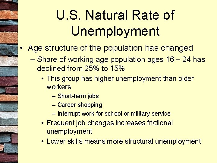 U. S. Natural Rate of Unemployment • Age structure of the population has changed