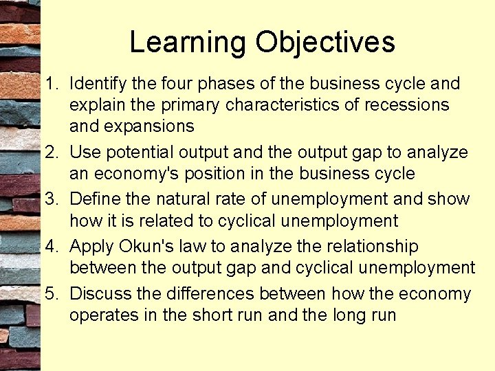 Learning Objectives 1. Identify the four phases of the business cycle and explain the