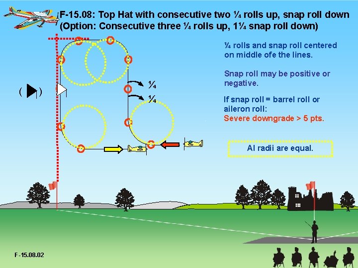 F-15. 08: Top Hat with consecutive two ¼ rolls up, snap roll down (Option: