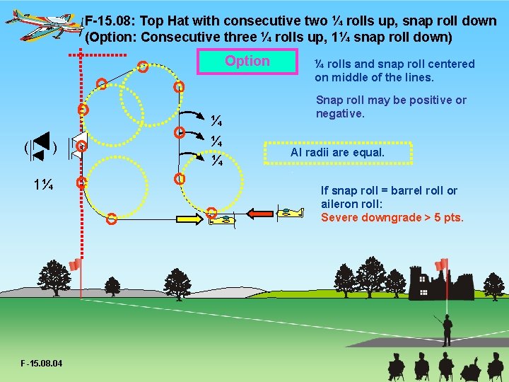 F-15. 08: Top Hat with consecutive two ¼ rolls up, snap roll down (Option: