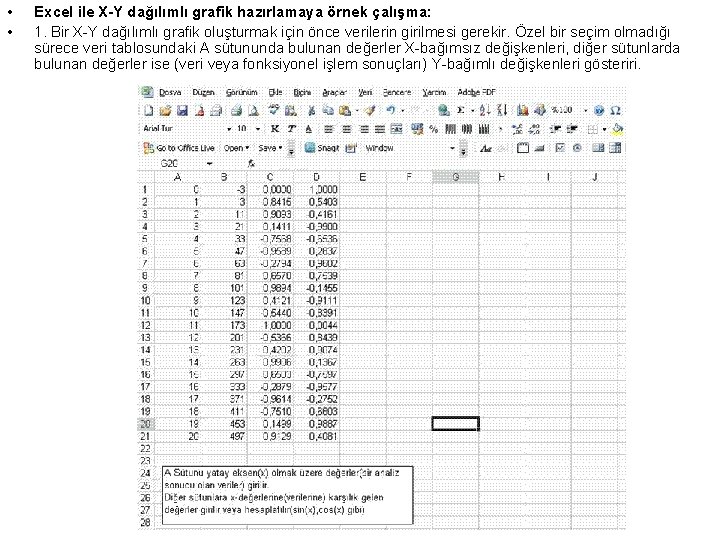  • • Excel ile X-Y dağılımlı grafik hazırlamaya örnek çalışma: 1. Bir X-Y