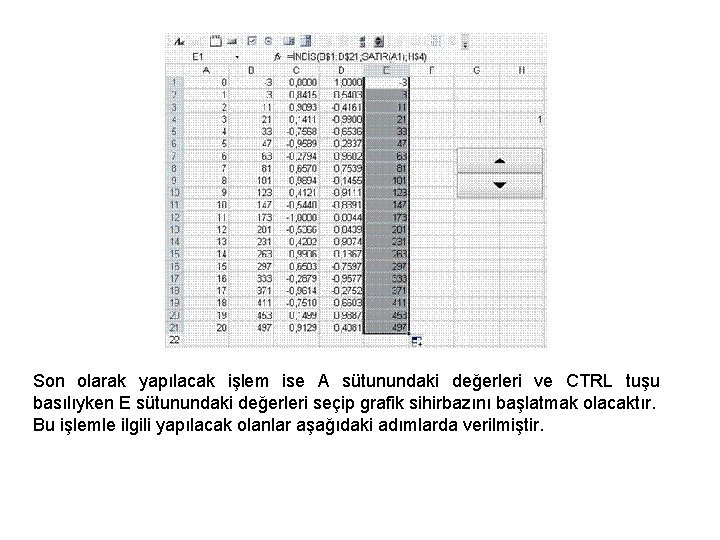Son olarak yapılacak işlem ise A sütunundaki değerleri ve CTRL tuşu basılıyken E sütunundaki