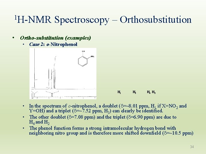 1 H-NMR Spectroscopy – Orthosubstitution • Ortho-substitution (examples) • Case 2: o-Nitrophenol OH H